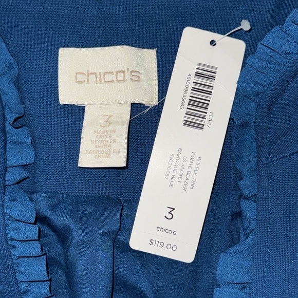 CHICO'S Ruffle Trim Ponte Blazer Jacket Baroque Blue - Picture 7 of 11